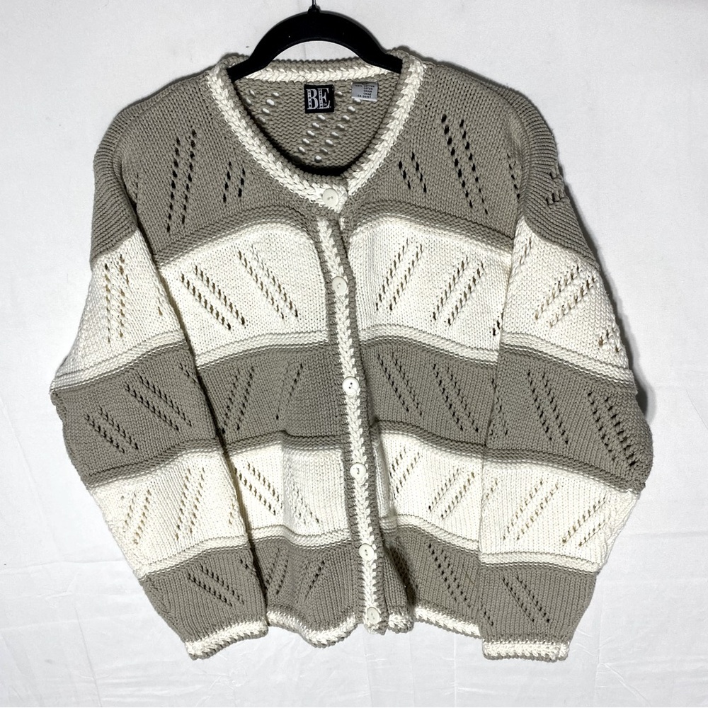 Vintage BE Basic Editions Taupe Ivory Striped Knit Button Up Cardigan Sweater S
